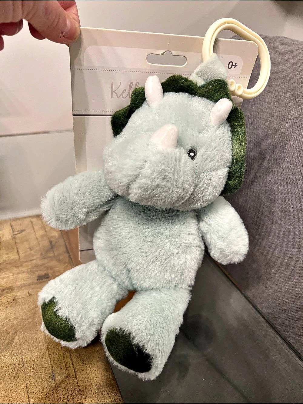 Kellytoy Triceratops Dinosaur Rattle Plush Toy with Stroller Ring Green & Blue